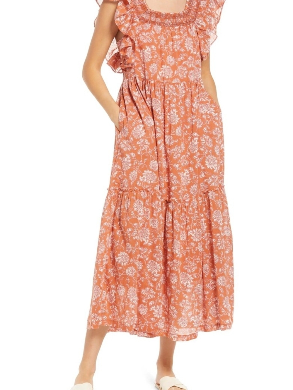Free People Dusty Coral Floral Tiered Maxi Skirt Size M